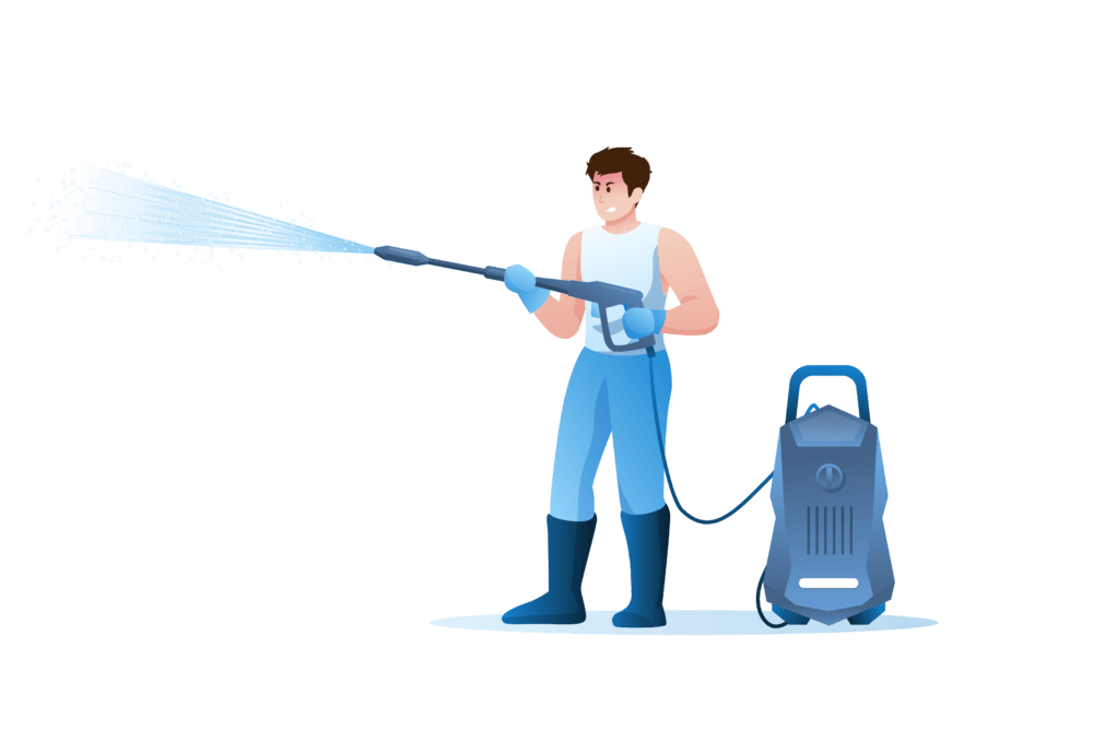 Man pressure washing with a high-pressure water stream. He's wearing protective boots, light blue pants, and a white tank top, with a blue pressure washer machine behind him. Illustrates the power of pressure washing.